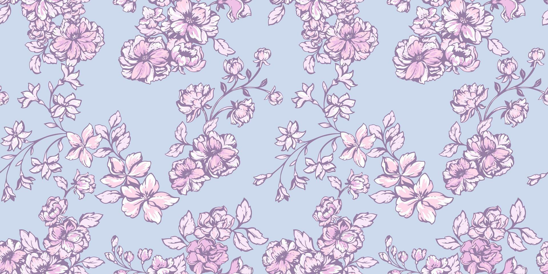 Beautiful wild blossoms floral stem seamless pattern. Artistic, gentle, feminine, blue, pink pastel print in many kinds flowers. Vector hand drawn. Template for design, fashion, printing