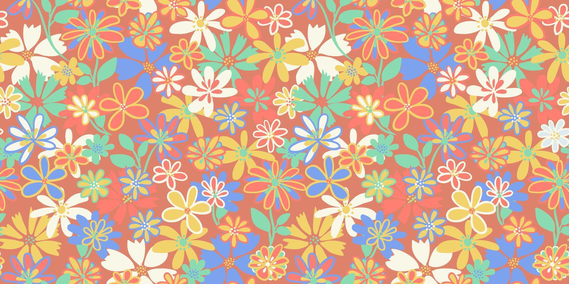 Trendy vibrant simple shape flowers seamless pattern. Vector hand drawn sketch. Abstract summer or spring liberty floral print. Design for children, fashion, textile, fabric, wallpaper