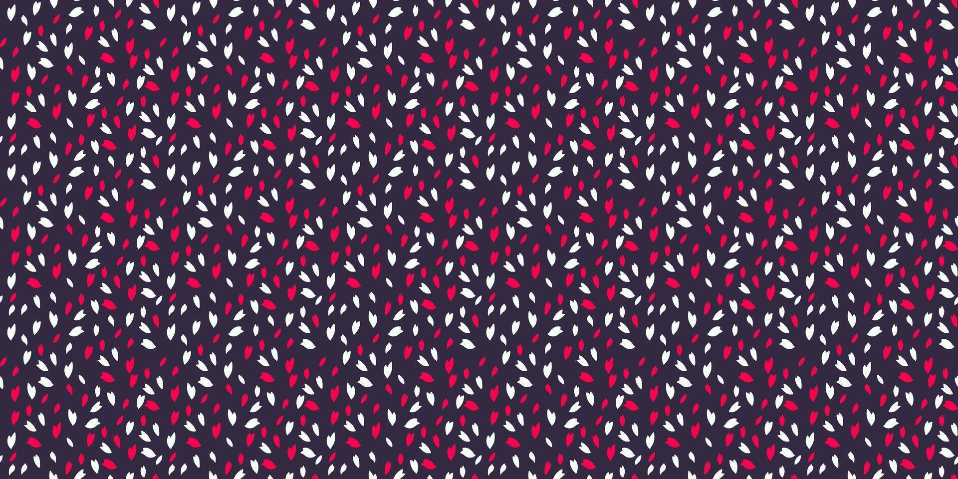 Colorful seamless pattern with red white polka dot on a dark black background. Vector hand drawn doodle sketch snowflakes, circles, leaflets. Random dots, shapes, drops, spots printing.