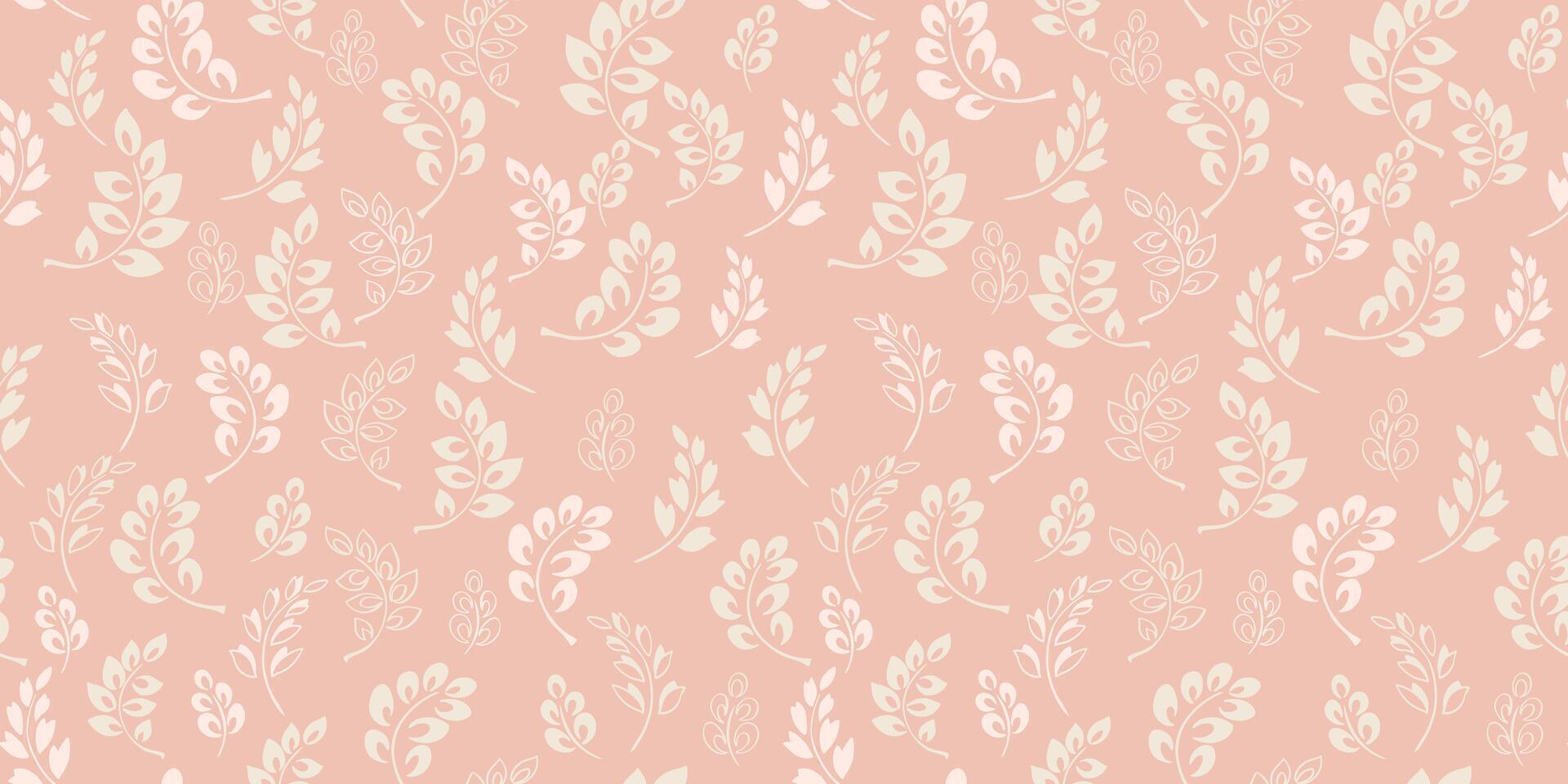 Seamless creative simple tiny branches leaves, drops, pattern. Vector hand drawn sketch. Abstract stylized floral pastel peach print. Cute leaf stems background. Design for fabric, fashion