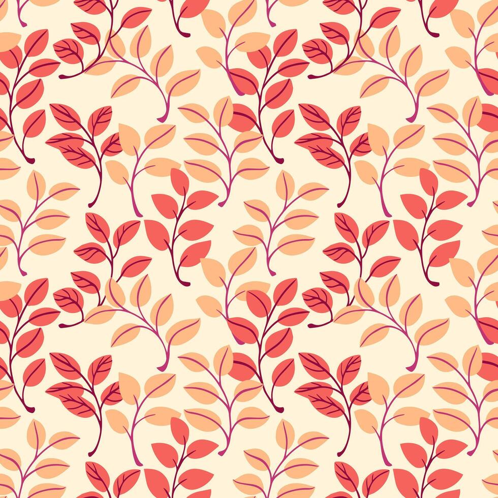 Stylized bright orange yellow tiny branches leaves intertwined in a seamless pattern. Vector hand drawn colorful doodle. Creative autumn small leaf stems background. Template for design, fabric