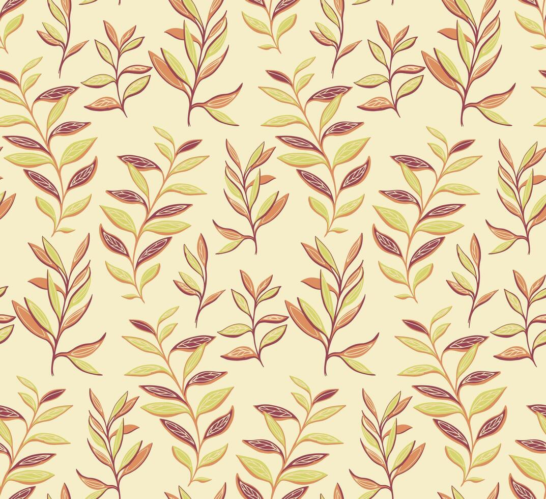Seamless, creative, stylized leaves pattern. Vector hand drawn. Monotone, modern, yellow leaf stems print. Vector abstract drawn. Template for design, textile, fashion, print, surface design, fabric