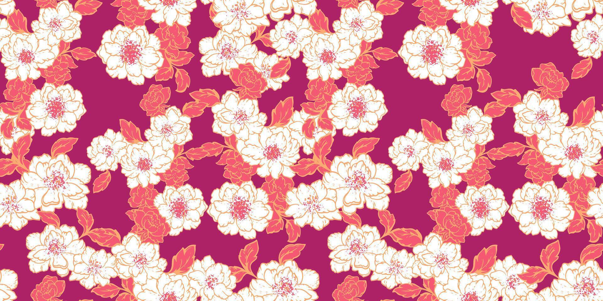 Artistic creative floral tapestry seamless pattern. Blooming spring or summer meadow background. Vector hand drawn abstract stylized plants and flowers, peonies. Template for design, print, fashion