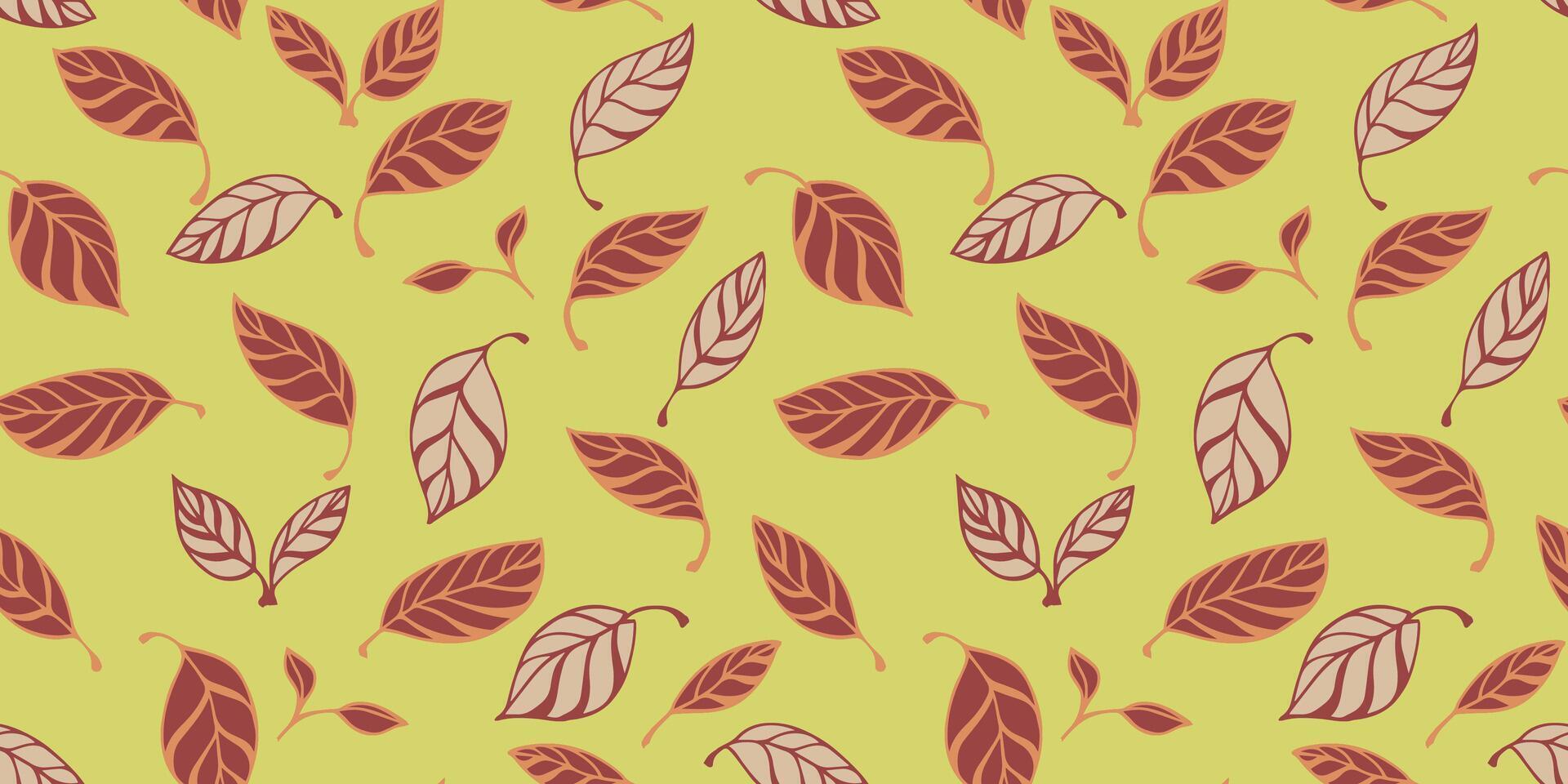 Seamless creative stylized small leaves pattern. Cute leaves randomly scattered on a green background. Vector hand drawn sketch. Template for design, cover, fabric,