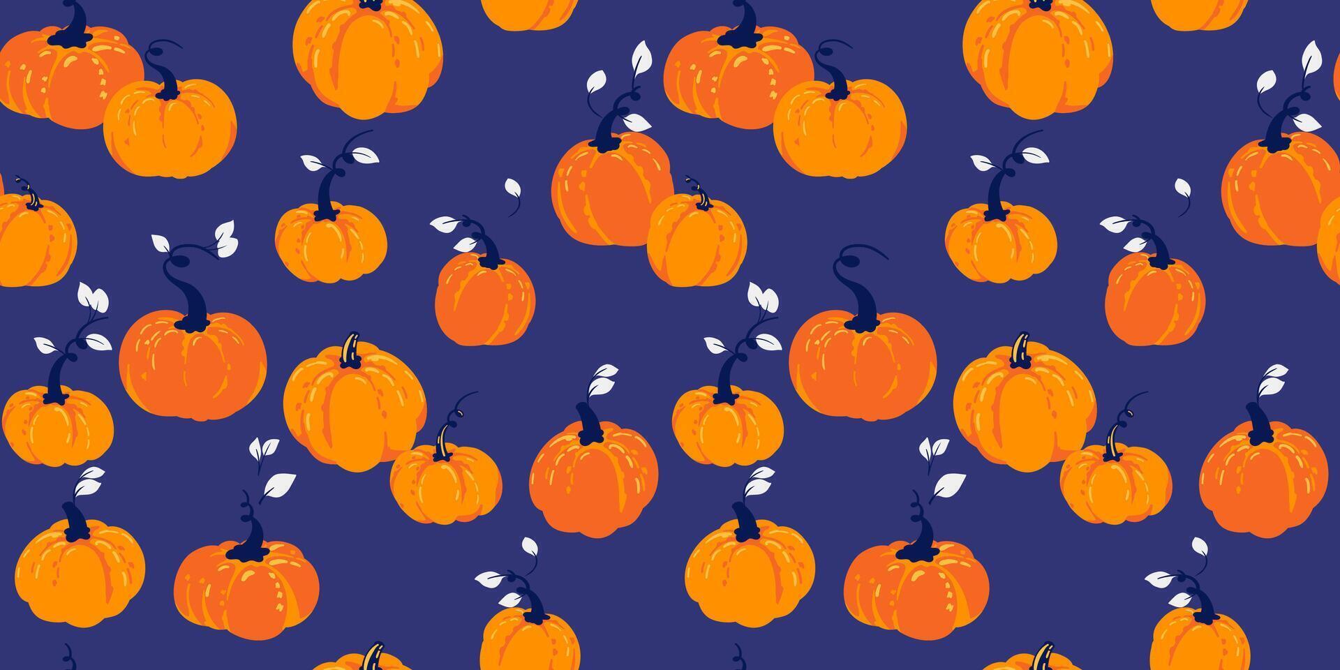 Seamless pattern with cute creative pumpkins on a blue background. Vector hand drawn pumpkin print. Perfect for fall, Thanksgiving, Halloween, holidays. Template for design, paper, cover, fabric