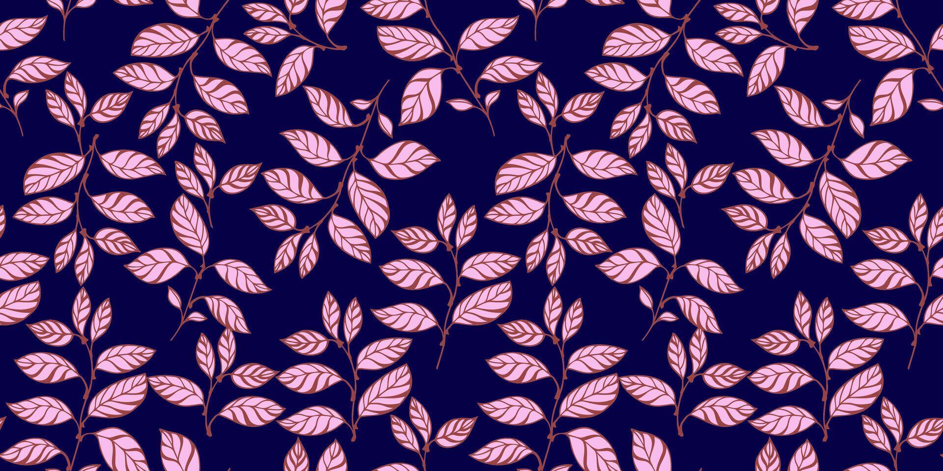 Creative, abstract, bright leaves branches intertwined in a seamless pattern. Vector drawn illustration shape leaf stems. Stylized tropical floral on a dark blue background. Template for design