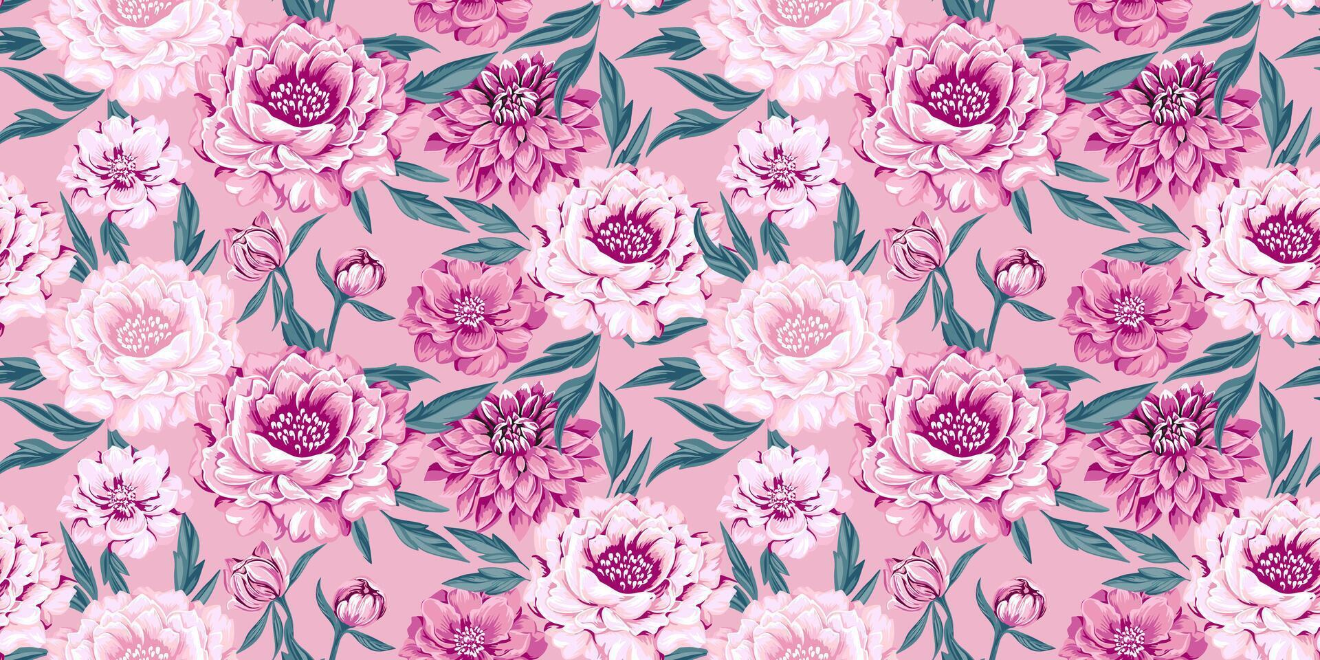 sin costura artístico resumen floreciente flores peonias, dalias y hojas modelo. vector mano dibujado. elegante, hermosa rosado floral tapiz. modelo para diseño, textil, moda, tela, fondo de pantalla