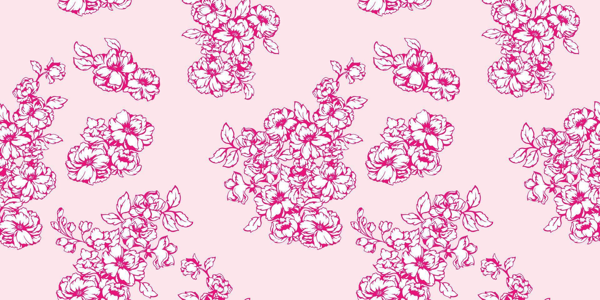Seamless stylized bouquets flowers and buds, leaves pattern. Minimalistic pink floral background. Vector hand drawn. Template for textile, fashion, printing, surface design, fabric, wallpaper,