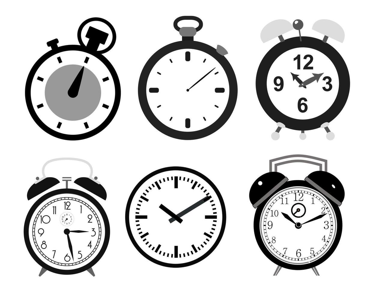 conjunto colecciones de reloj, cronógrafo, y temporizadores negro blanco reloj temporizadores ilustración. vector imagen.
