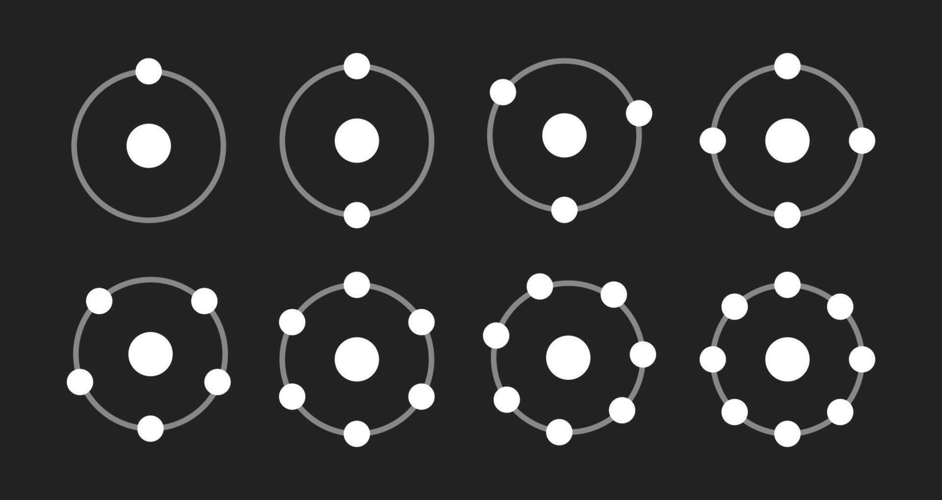 Eight Ion or Electron Illustration Pack - Ranging from One to Eight. Dark Version. Vector Illustration. Ion Logo Symbol Pack.