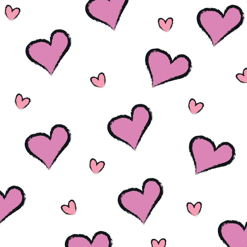 Hand drawn pink hearts pattern on white background vector