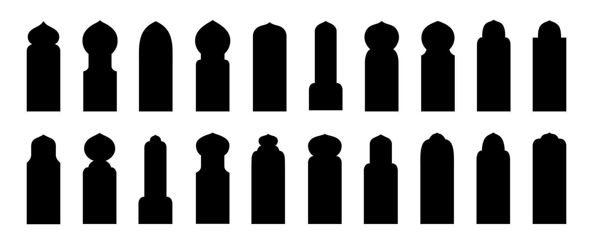 Islamic door shapes. Silhouette arches with ornaments. Window frames for design for the month of Ramadan. Collection of isolated vector elements on white background.