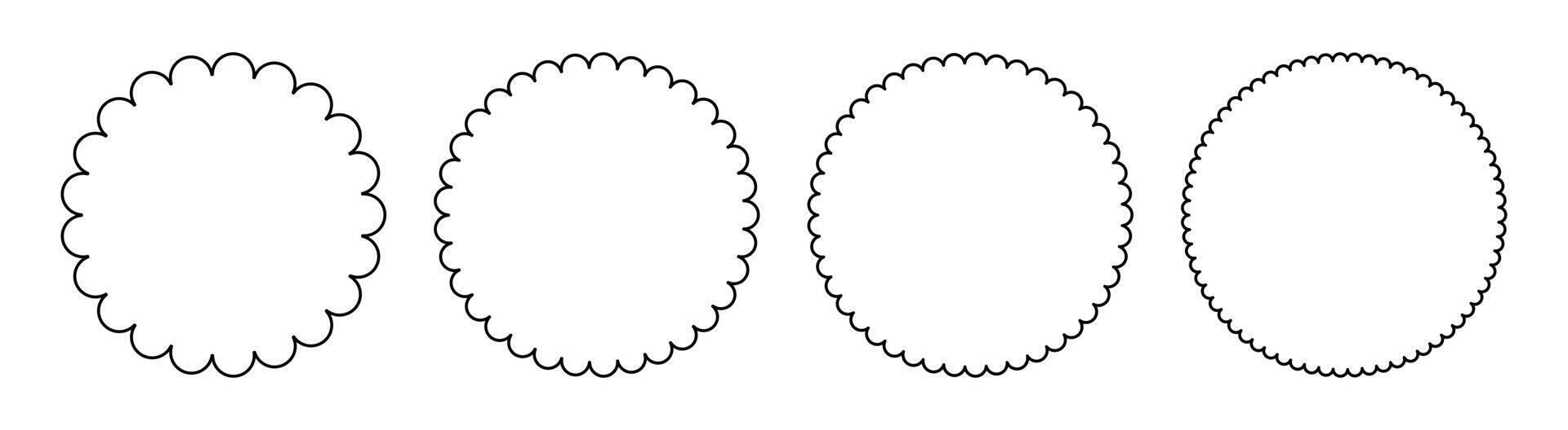 Scallop frames are round. Outline of circle different sized lace edges of element borders. Design vector collection isolated on white background.