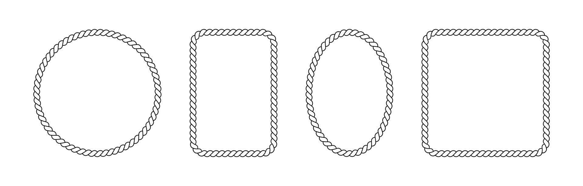Braided rope frames. Collection of borders in the shape of square, circle and oval. Vector pack of thin and thick elements isolated on a white background.
