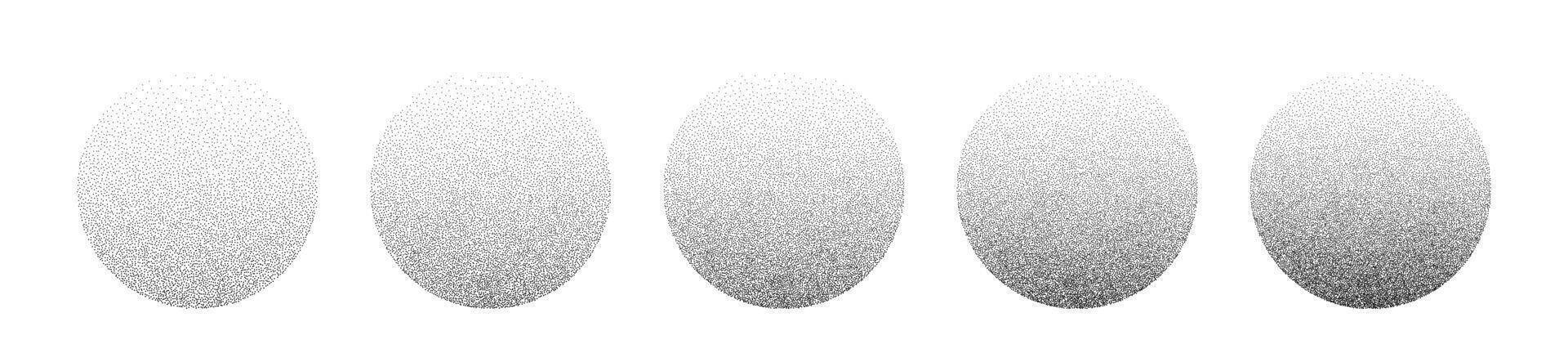 Gradient noise circles made of grains. Halftone round pattern elements of dots with a smooth gradation in tone from dark to light. Vector isolated illustration on white background.