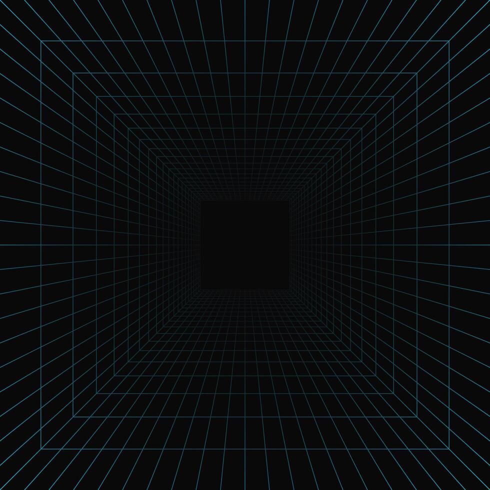 Square background dark hallway wireframe perspective. Grid room in perspective vector