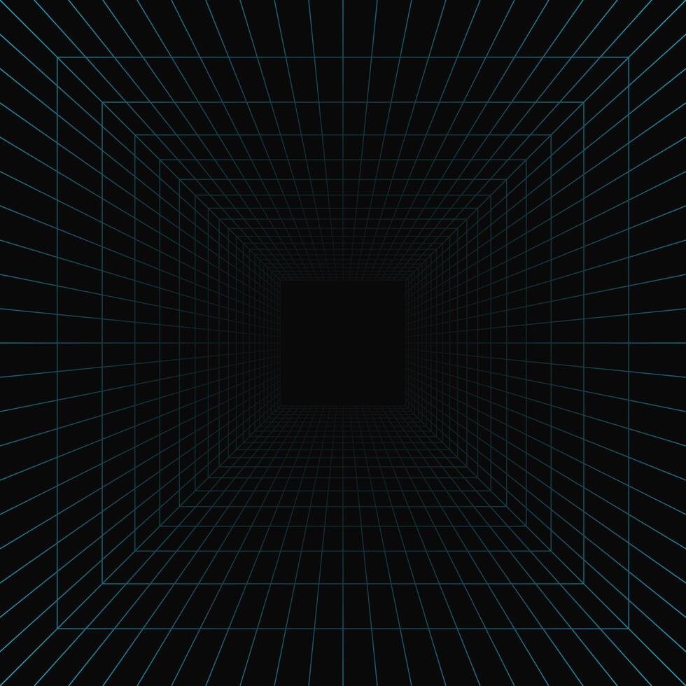 Square background dark hallway wireframe perspective. Grid room in perspective vector