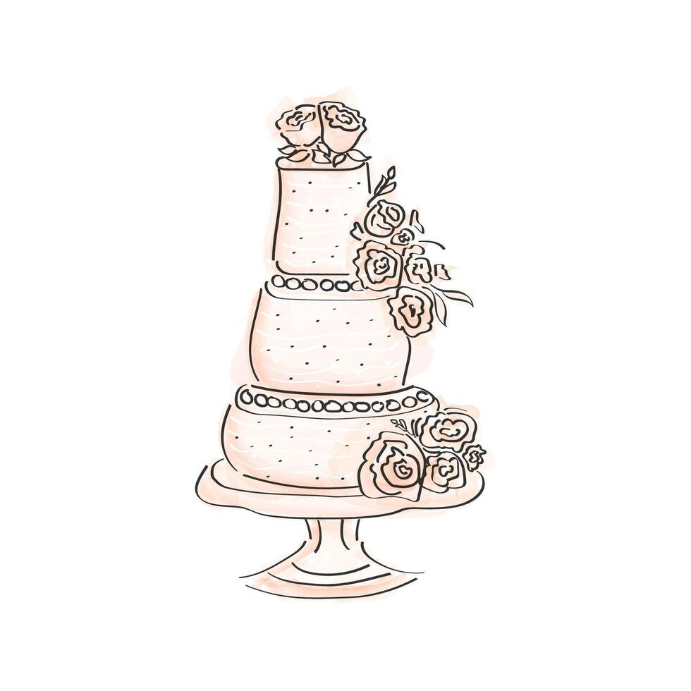 three tier cake on a stand in doodle style, wedding, festive with roses and flowers and decorated with beads vector