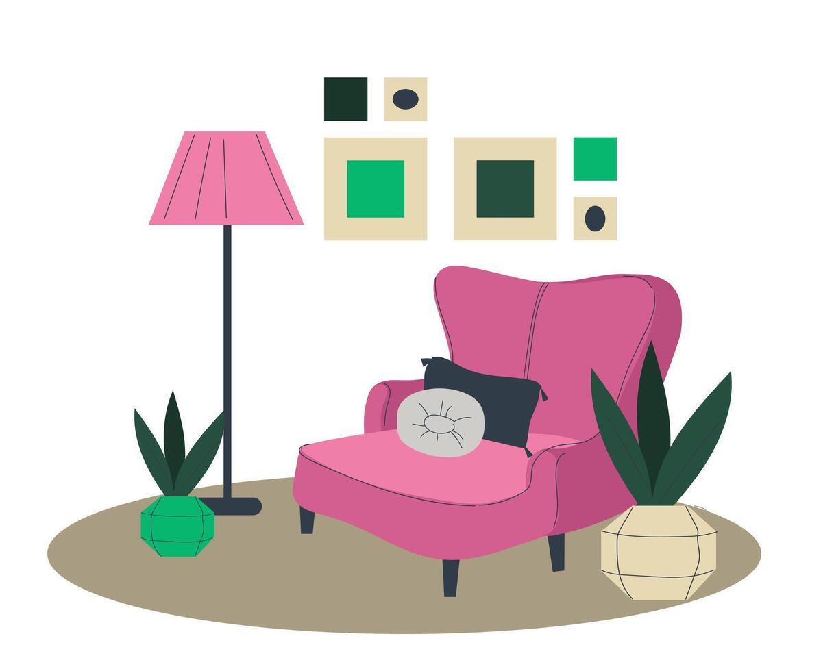 Cozy big comfortable armchair with wooden legs. vector