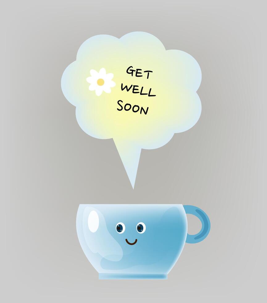 Get well soon. Cartoon kawaii character tea cup 3d vector illustration