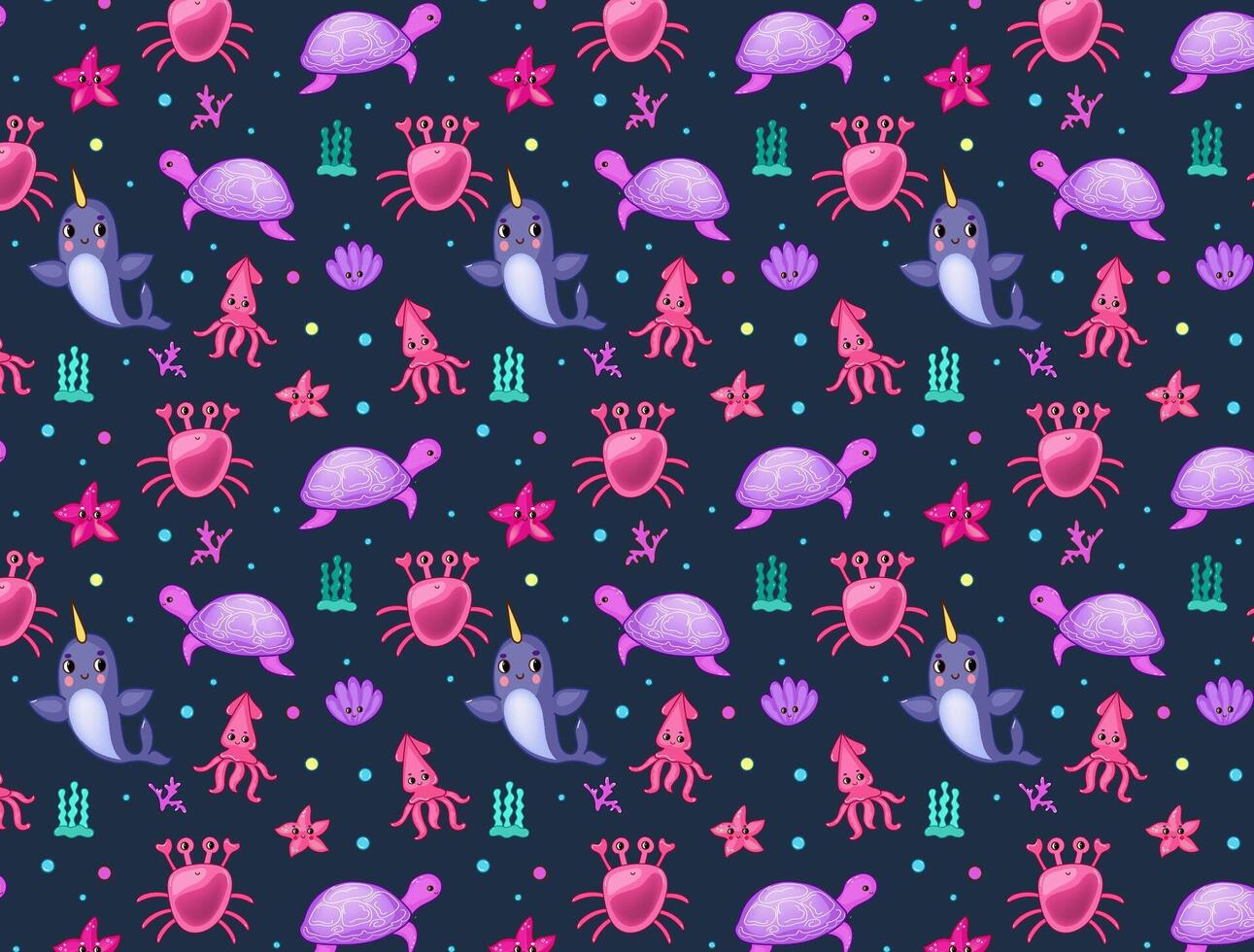 Seamless pattern sea animals. Marine life objects vector cartoon doodle 3d illustration