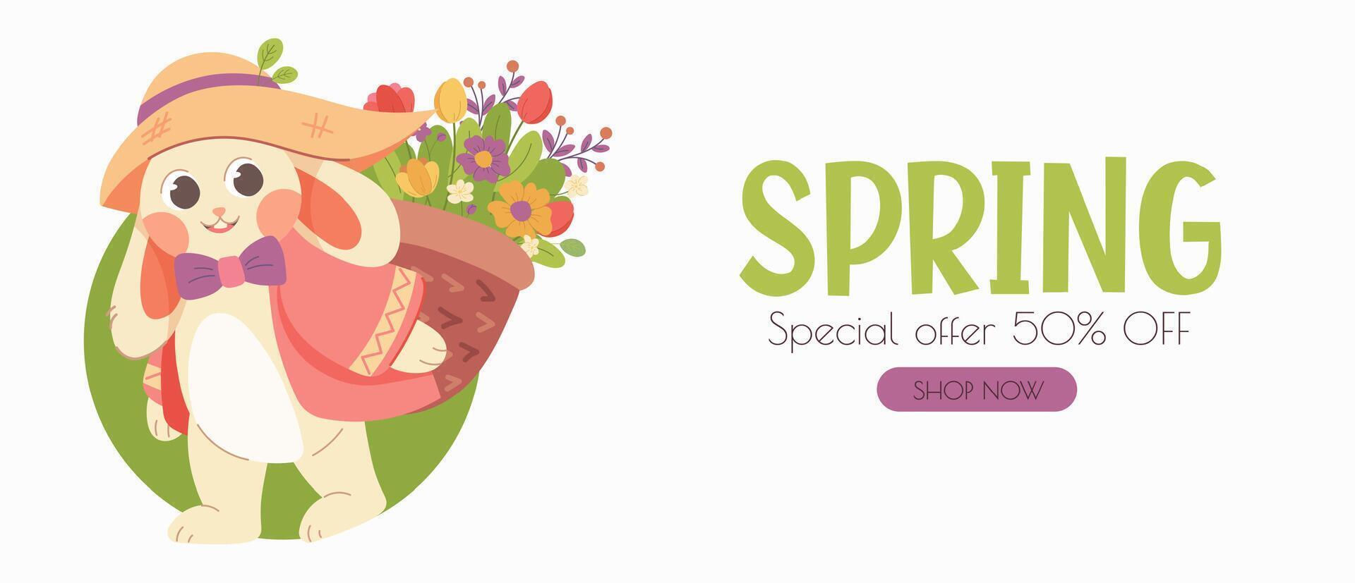Advertising banner about spring discounts and sales. Special offer of 50. Vector illustration with cute rabbit carrying flower basket in flat cartoon style