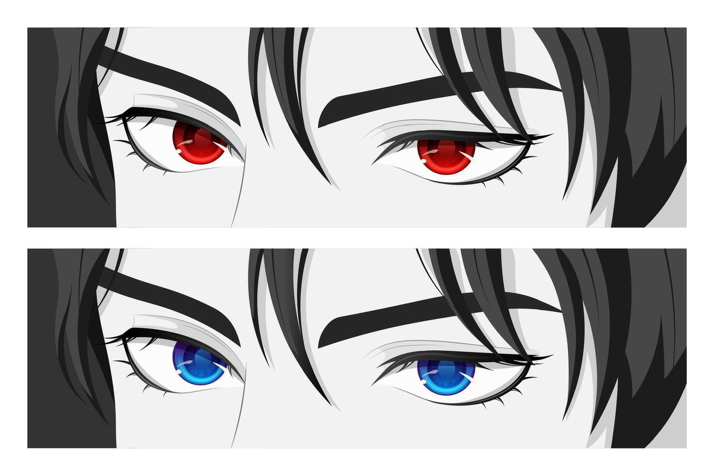 negro y blanco pancartas con brillante anime ojos rojo y azul. vector ilustración en el estilo de japonés dibujos animados