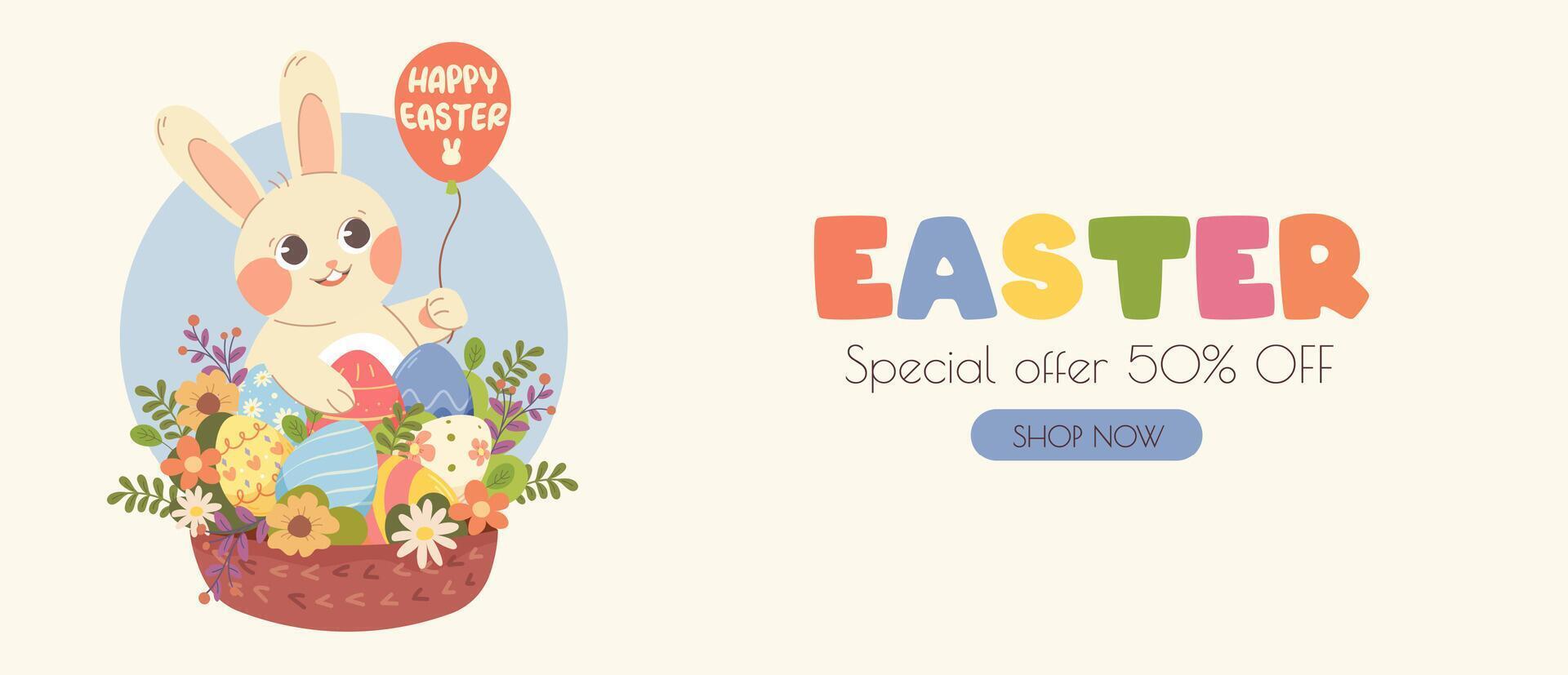 Advertising banner for Easter discounts and sales. Special offer of 50. Vector illustration with bunny, flower basket and eggs in flat cartoon style