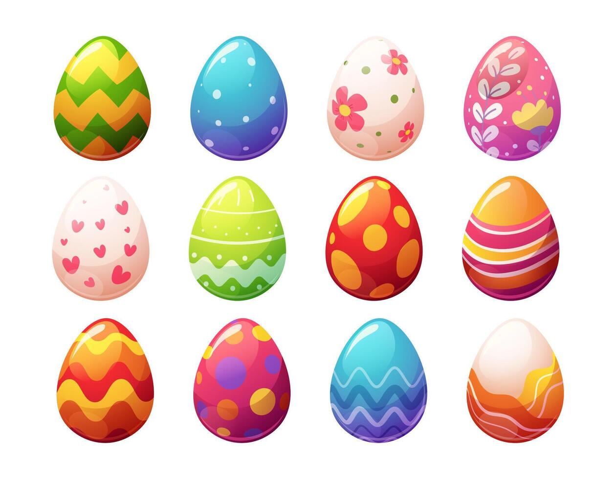 Set of bright Easter eggs with different patterns. Vector illustration in cartoon style for holiday