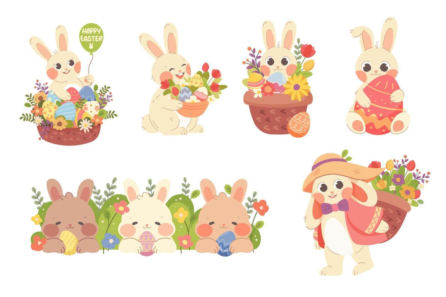 Set of white Easter bunnies with flower baskets and eggs. Vector illustration of cute characters for children at Easter