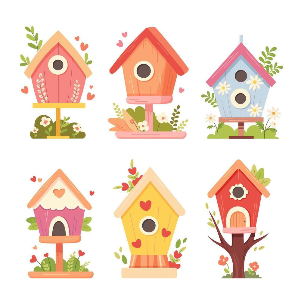 Set of birdhouses with branches and flowers. Vector illustration in flat cartoon style. Spring, holidays, hello spring