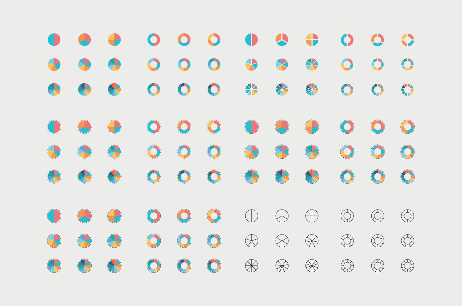 Collection of pie charts divided into parts or sectors. vector