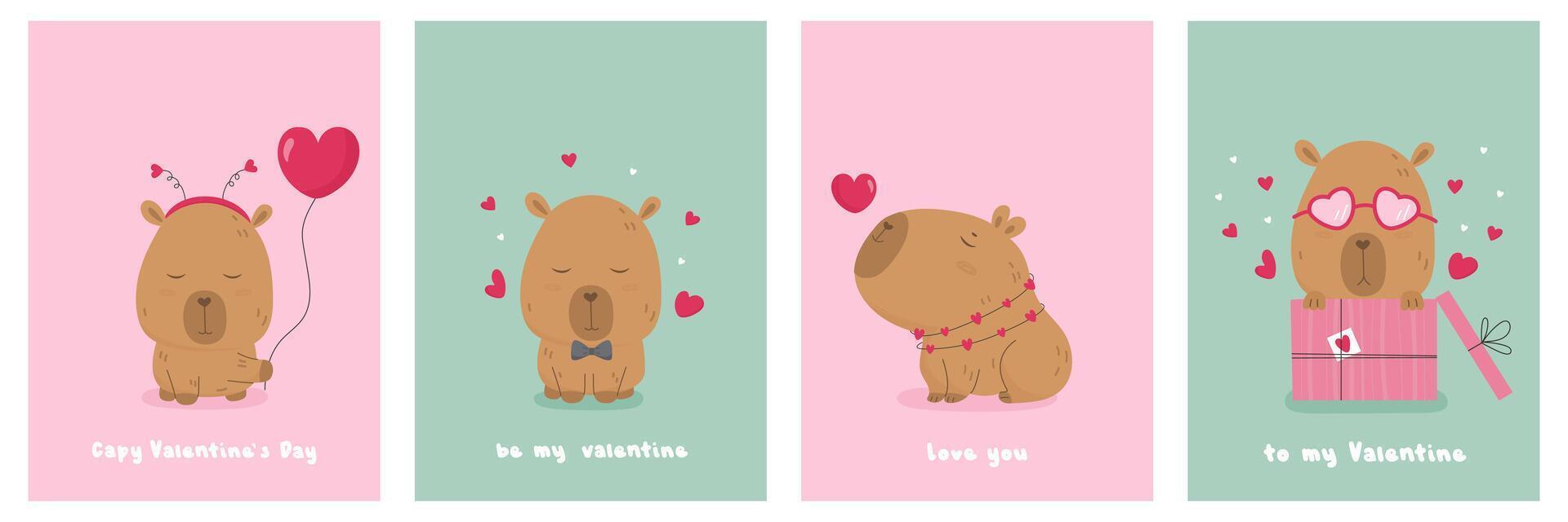 Valentine Day card set with cute lovely capybara vector