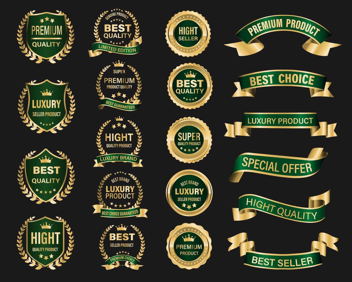 Golden green luxury premium quality label badges on grey background vector