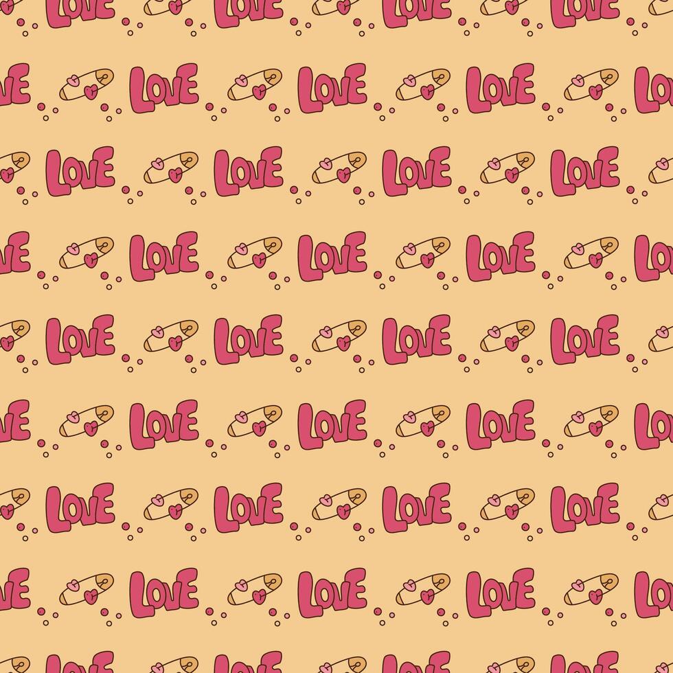 Seamless pattern with cute y2k safety pin and text. Cartoon doodle vector illustration.