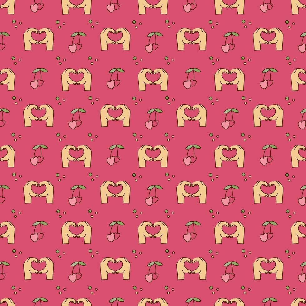 Seamless pattern with cute y2k palms of the hands and cherry. Cartoon doodle vector illustration.