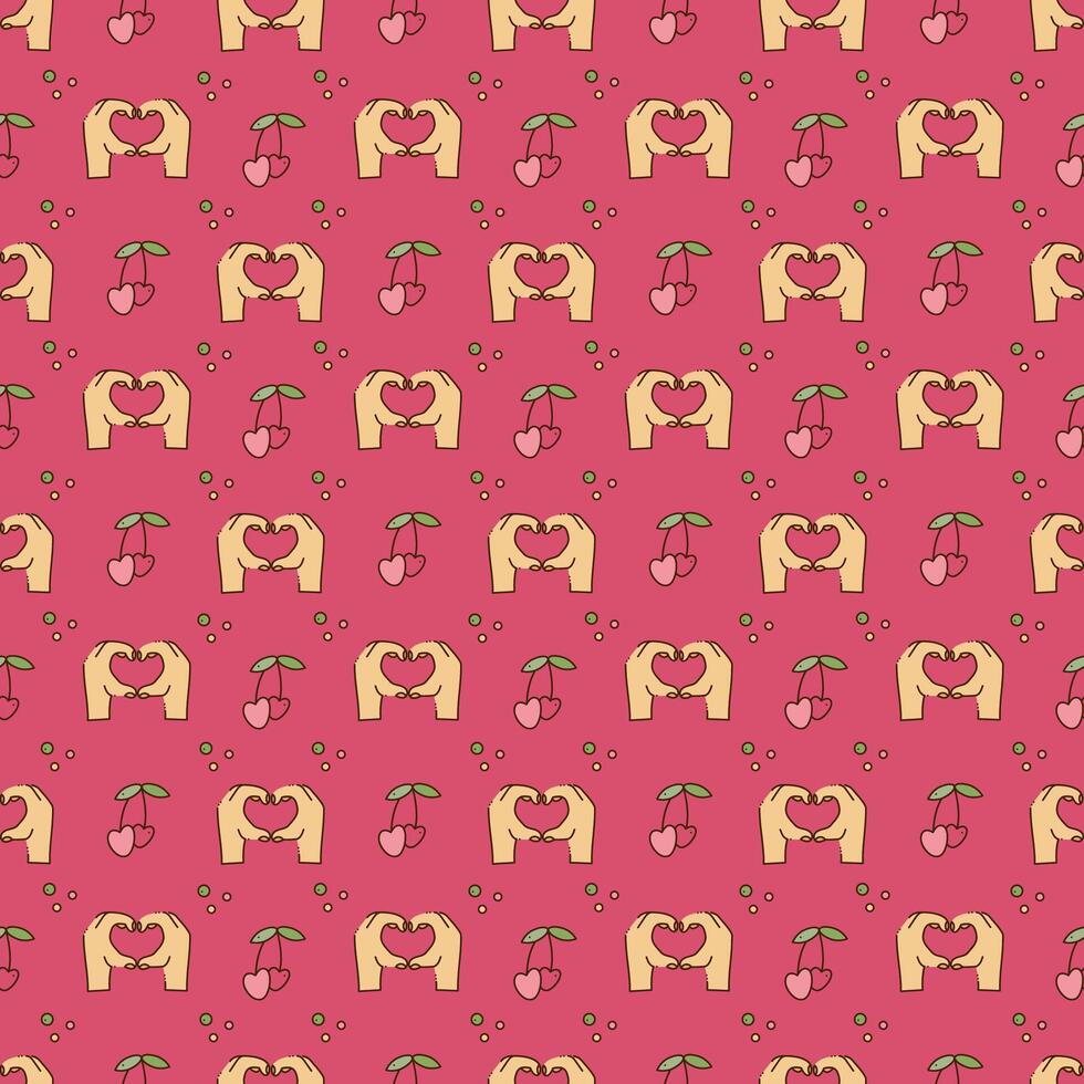 Seamless pattern with cute y2k palms of the hands and cherry. Cartoon doodle vector illustration.