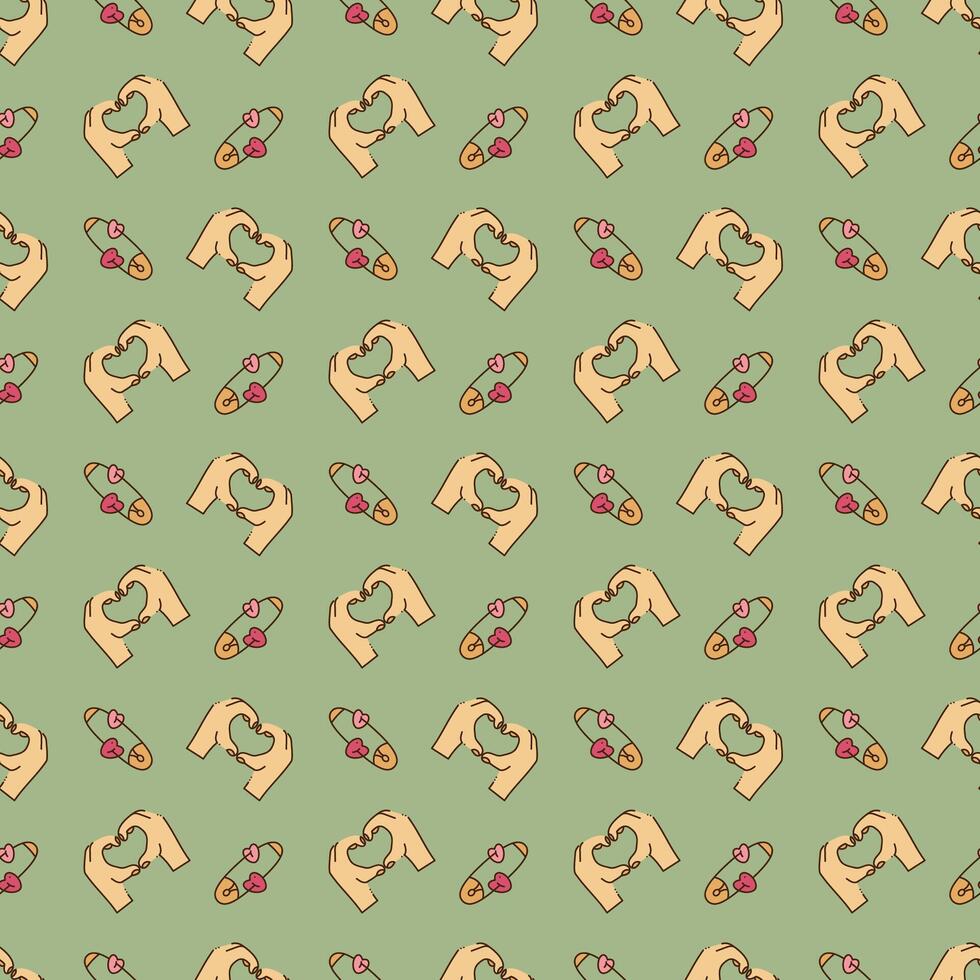 Seamless pattern with cute y2k palms of the hands and safety pin. Cartoon doodle vector illustration.