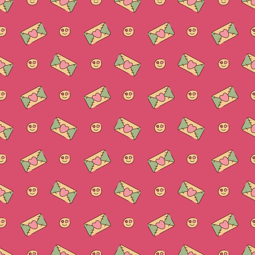 Seamless pattern with cute y2k envelope and smile face. Cartoon doodle vector illustration.