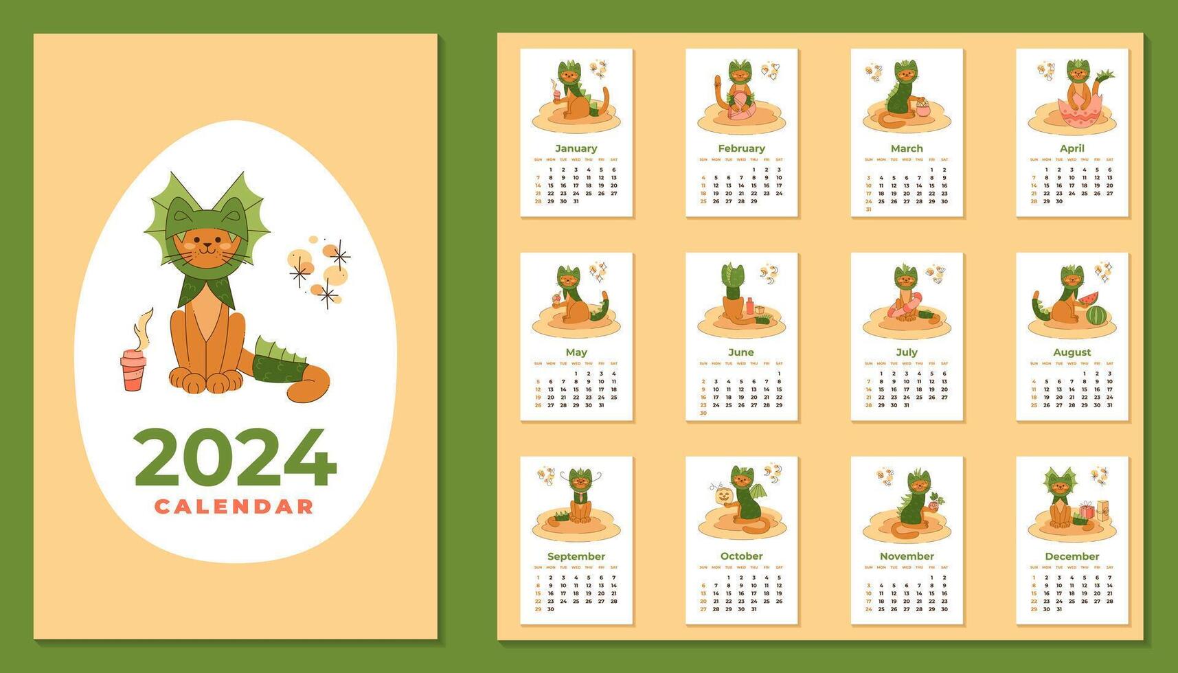 Calendar2024. Cover and sheets with cute cat in a dragon costume as a symbol of the year in English. Cartoon vector illustration.