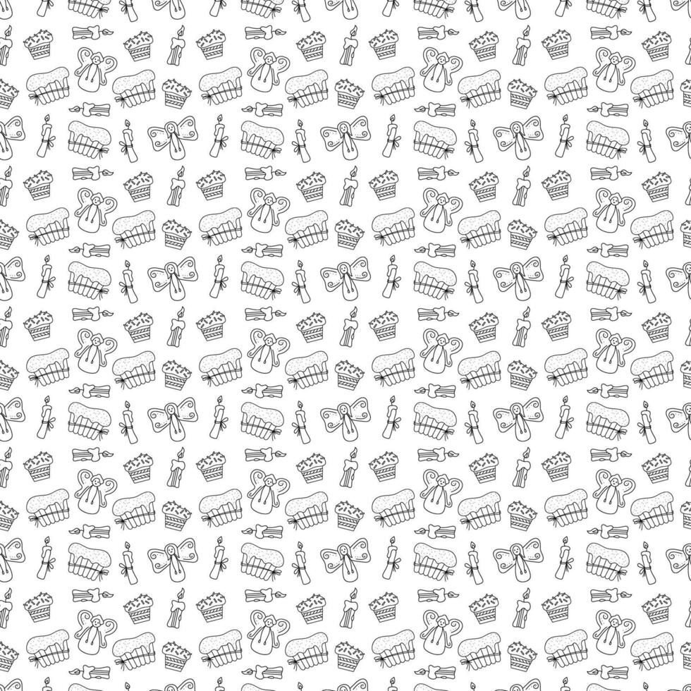 Seamless pattern with cute Easter chicks, Easter cakes, angels and flowers. Doodle vector illustration.