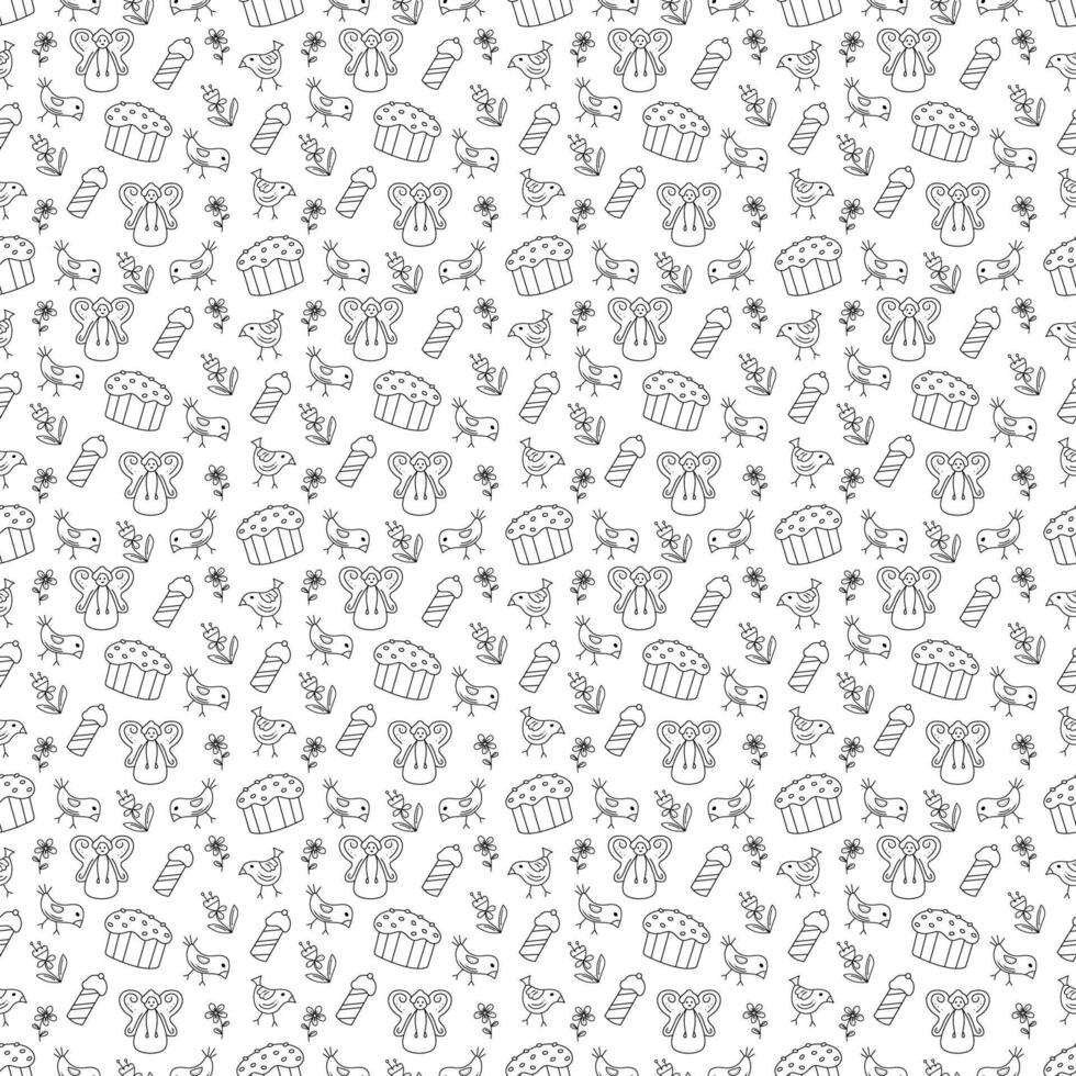 Seamless pattern with cute Easter angels, Easter cakes, and candles. Doodle vector illustration.