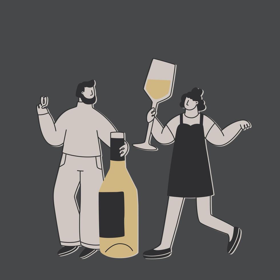 Cute man and woman with a huge bottle of white wine and a huge glass. Funny exaggerated characters for design on the theme of wine or alcoholic beverages. Vector flat illustration.