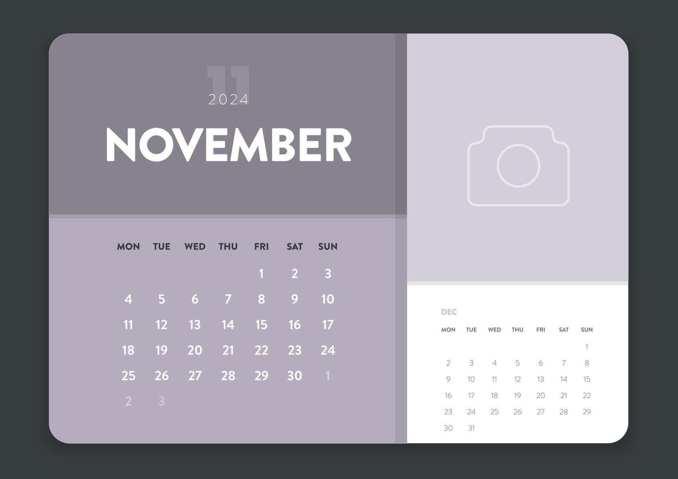 Creative minimal business monthly 2024 Calendar template vector. Desk, wall calendar for print, digital calendar or planner. Week start on Monday. Annual calendar layout design elements. 11 November. vector