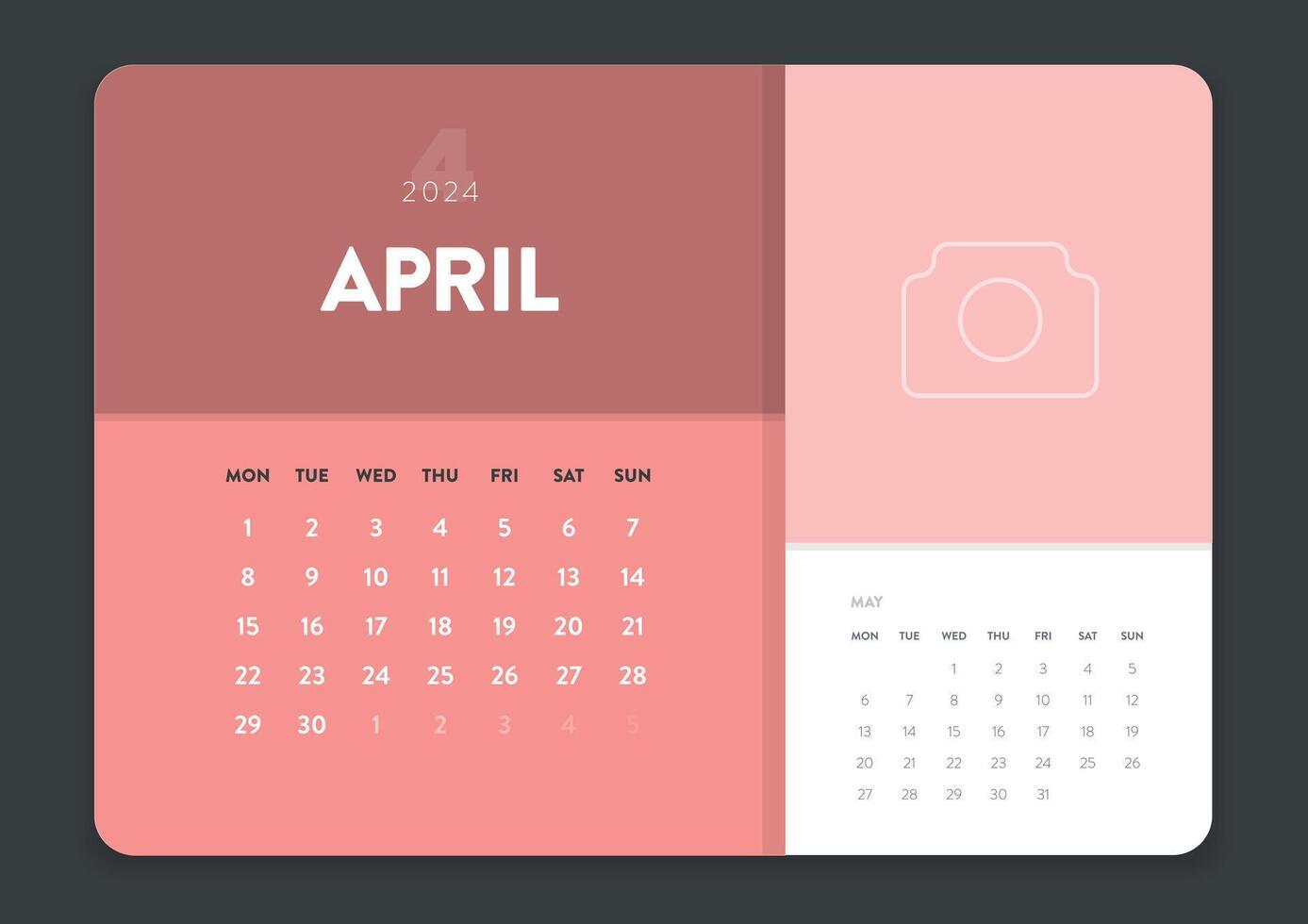 Creative minimal business monthly 2024 Calendar template vector. Desk, wall calendar for print, digital calendar or planner. Week start on Monday. Annual calendar layout design elements. 4 April. vector