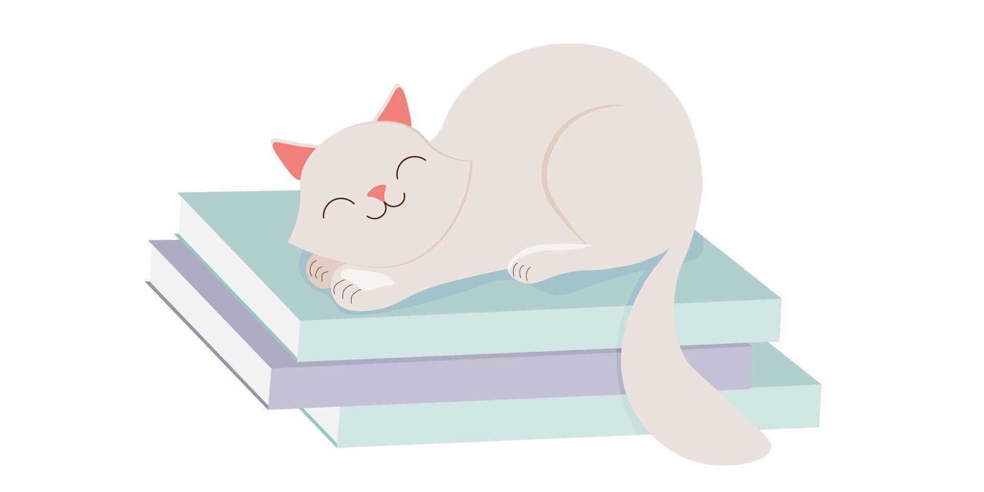 A cute cat sleeps on a stack of books. Vector illustration on a transparent background.