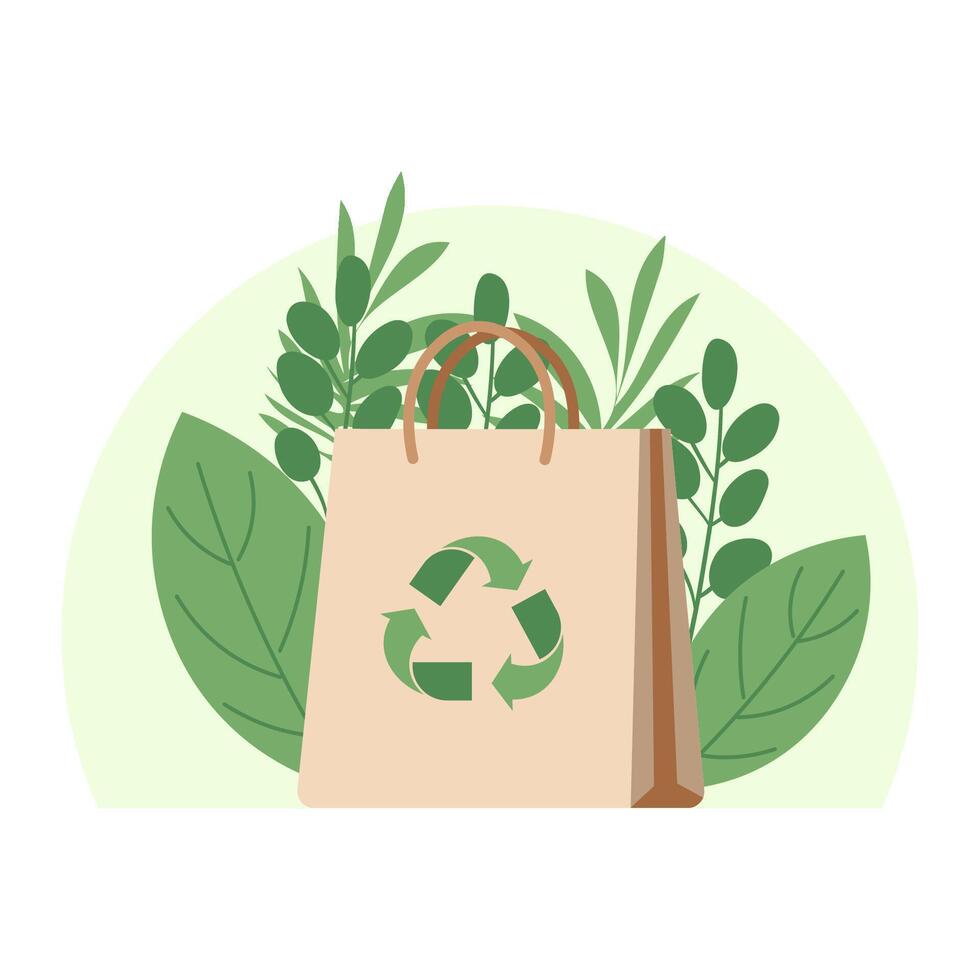 Eco package. flat vector concept illustration of a paper bag with plants. ecological lifestyle. Recycle. Save planet