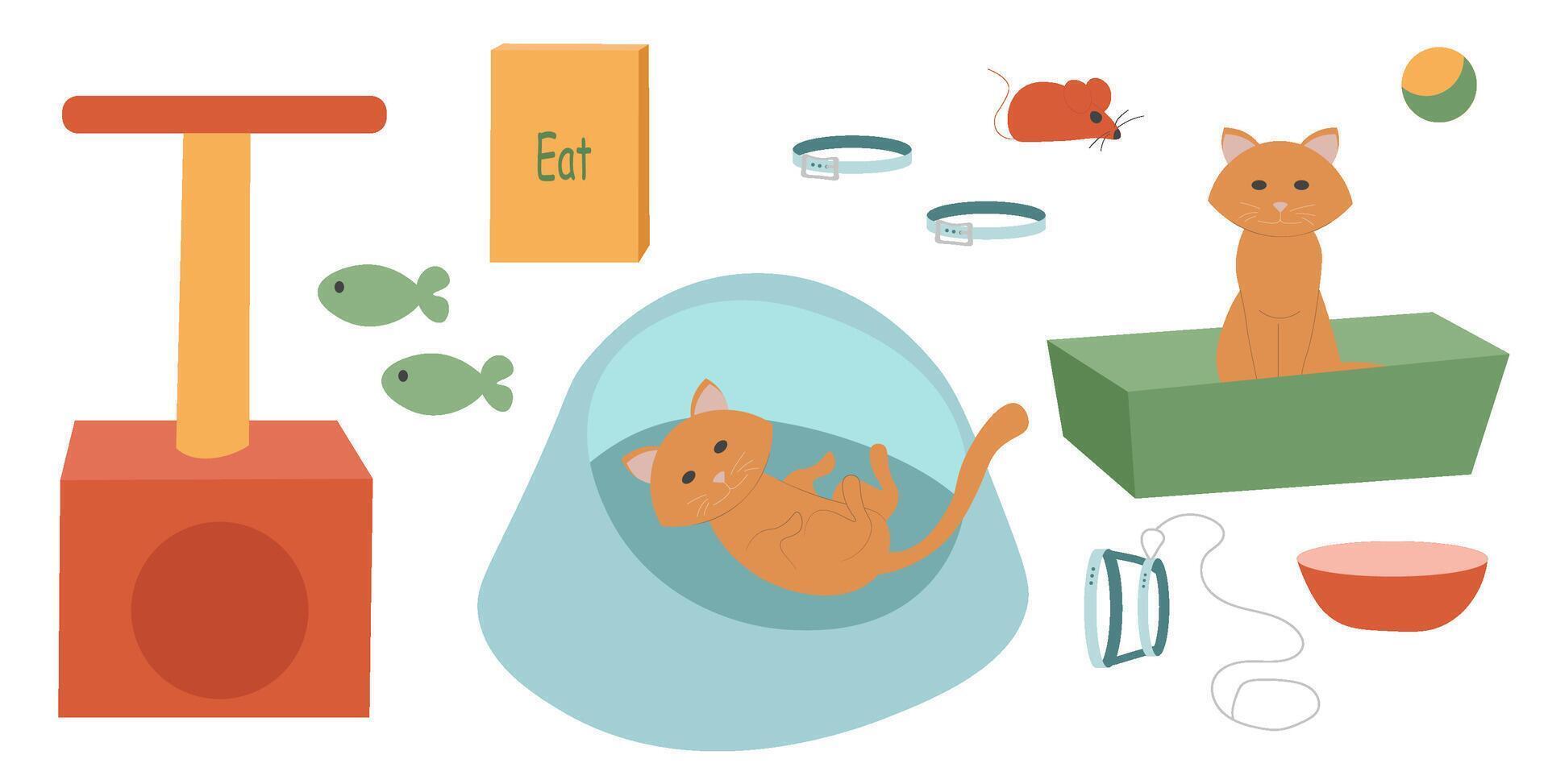 Cute ginger cat and a set of items for cats. Tray, bowl, ball, mouse, scratch, leash, food, bed for sleeping. vector