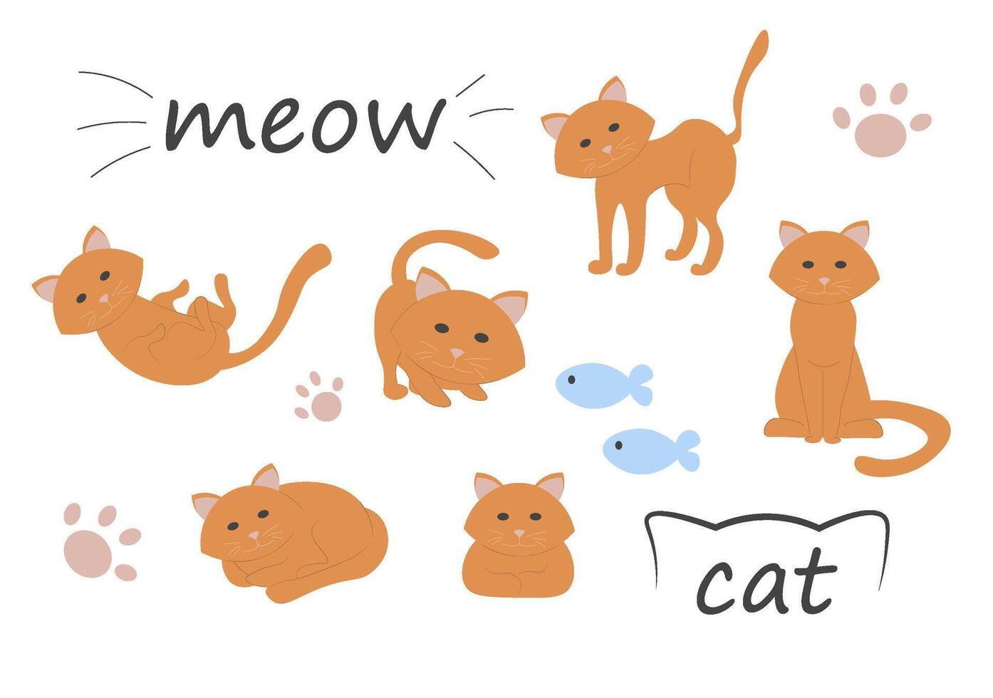 linda gato en diferente posa vector dibujos animados plano ilustración. un rojo gato en un blanco antecedentes.
