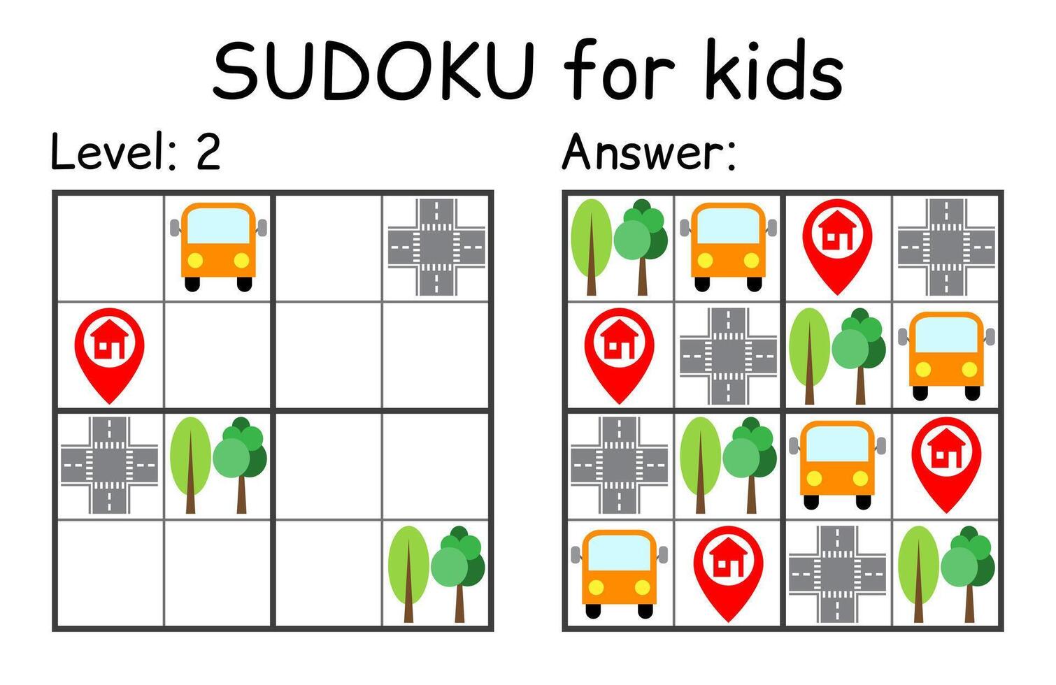 Sudoku. Kids and adult mathematical mosaic. Kids game. Road theme. Magic square. Logic puzzle game. Digital rebus vector